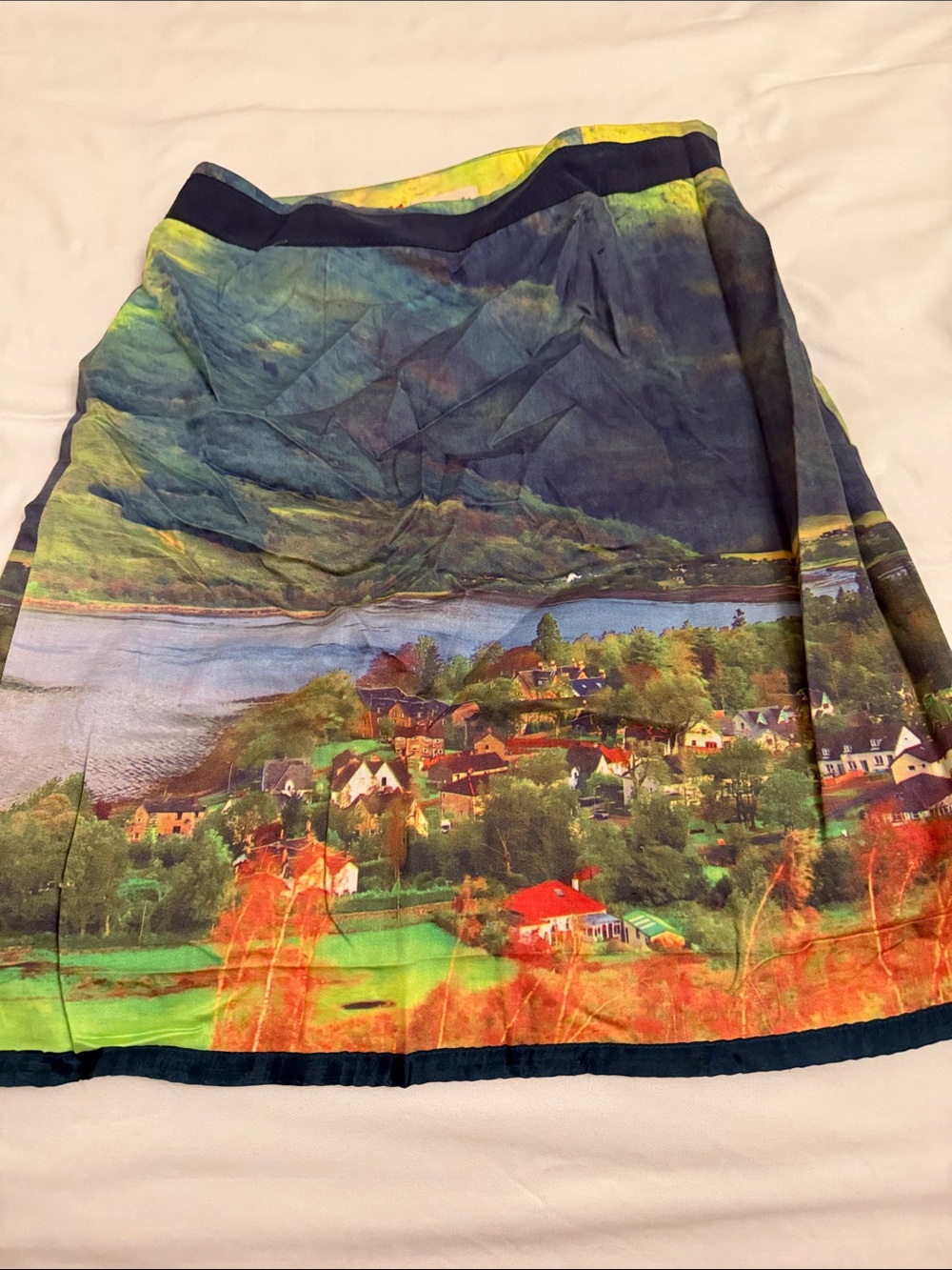 Meadow Rue Multicolor Scenic A-Line Skirt with Green, Blue and Orange Accents